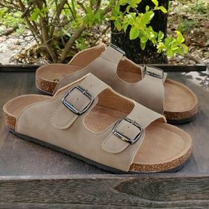Womens Cork Slide Double Buckle Sandals Taupe